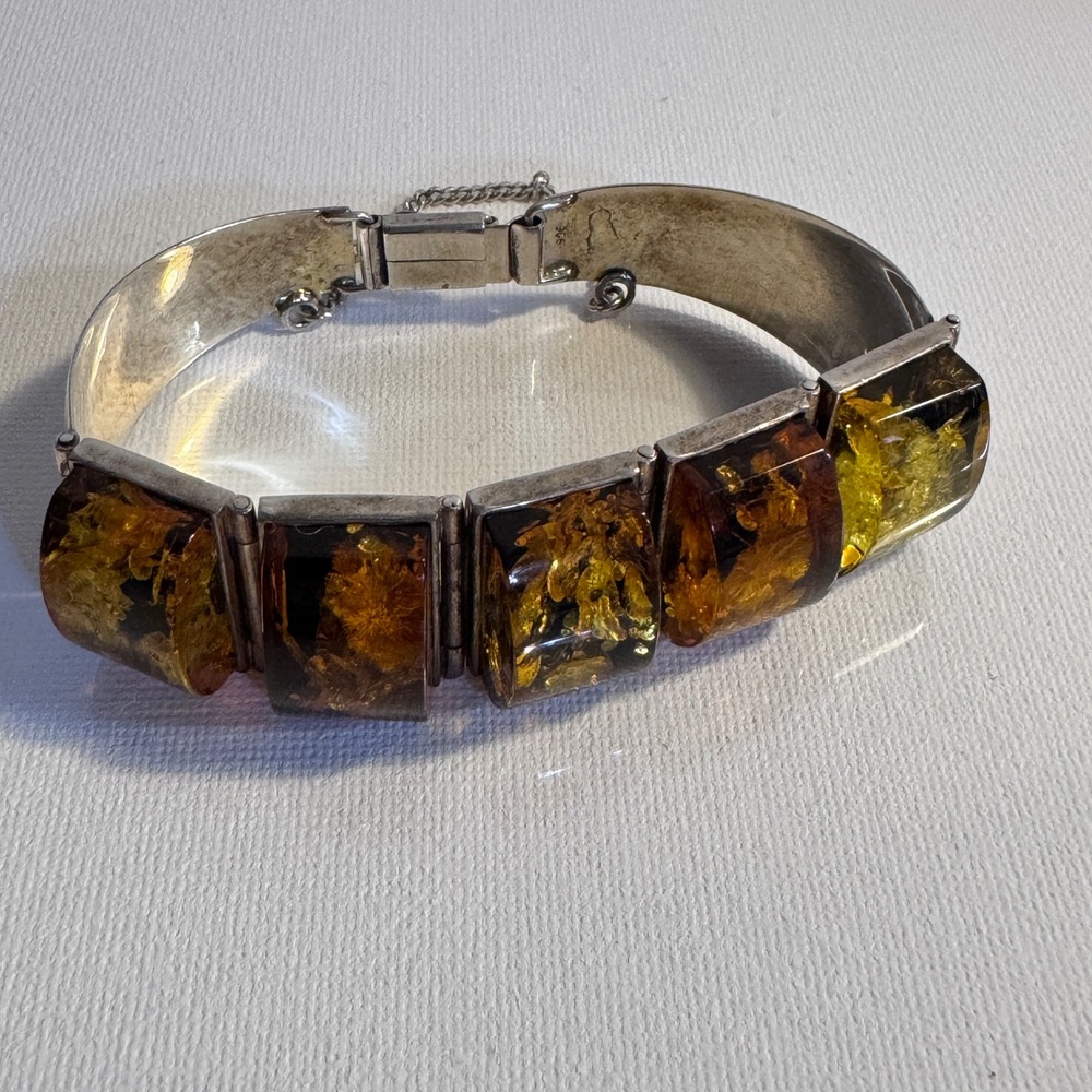Vintage Amber Sterling Silver Cuff Bracelet Womens 2.25in Honey Boho Statement